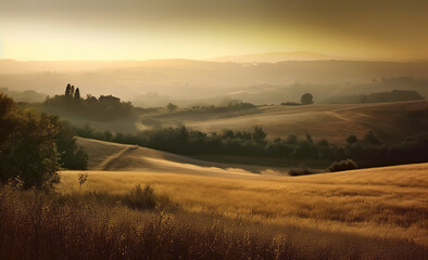 Naklejka na ściany i meble Fairytale, misty morning in the most picturesque part of Tuscany, val de orcia valleys. Background of tuscan landscape summer morning sunrise, in the style of light beige and amber, spatial. AI