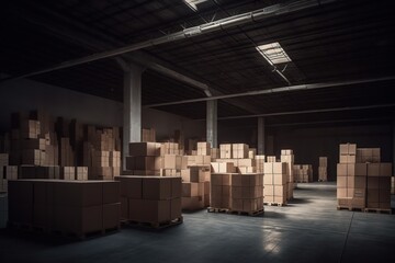 a large warehouse with boxes. Rows of shelves with goods boxes in modern industrial warehouse store at factory warehouse storage, generative ai