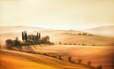 Fototapeta premium Fairytale, misty morning in the most picturesque part of Tuscany, val de orcia valleys. Background of tuscan landscape summer morning sunrise, in the style of light beige and amber, spatial. AI