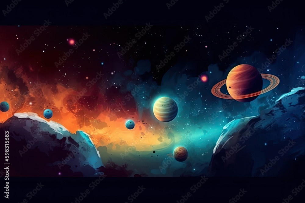 Wall mural illustration on the topic of outer space, interstellar travels, universe and distant galaxies.