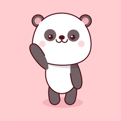 Cute kawaii panda waving on pink background 