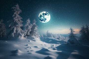 Expansive snow scene with large moon and star-filled sky. Generative AI