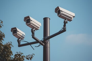 video surveillance cameras in a big city. Multi-angle CCTV on pillar 360 degree system background blast chipping path., generative ai