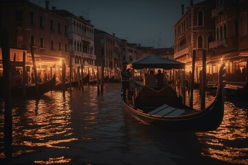 Fototapeta na wymiar Evening gondola ride in historic Venice, Italy. Retro vibe with cool vintage style. Generative AI