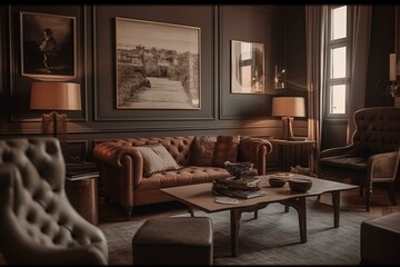 A sitting room with furniture and decor. Generative AI
