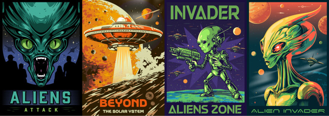 Aliens attack set posters colorful Generative AI