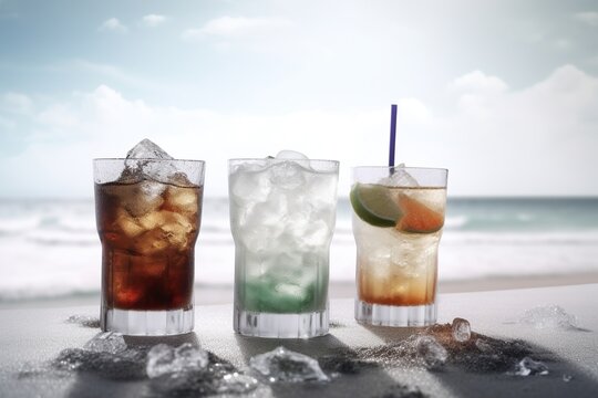 summer cocktail drinks with ice on the background of the beach. summer season, generative ai