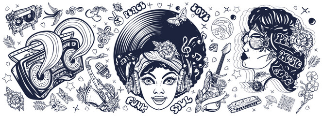 Funk music. Old school tattoo vector collection. African American young funky woman. Soul party hippie girl, saxophone, retro rainbow boom box. Traditional musical tattooing black and white style