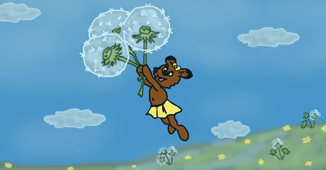 Children's drawing. The bear cub is flying in the clouds above the ground on dandelions. Scribbles. © TKalinovskaya