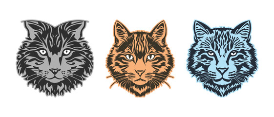Vector set of colored simple graphic stencils of cute cat faces. White isolated background. Icons or stickers.