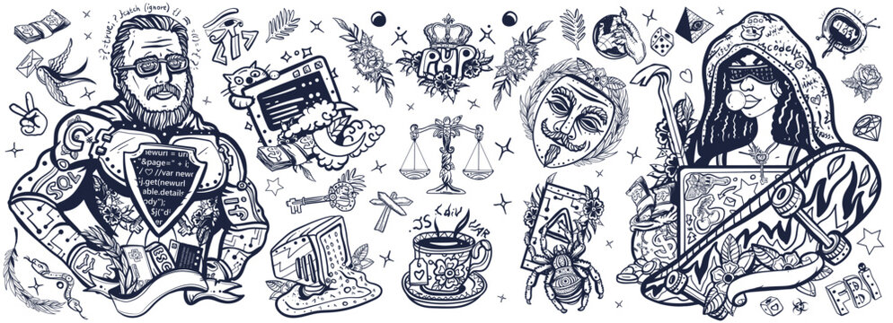 Programming and hacking. Superman programmer and African American woman hacker. Anonymous mask, night coding, dark Internet, web software development, cybercrime. Black and white style