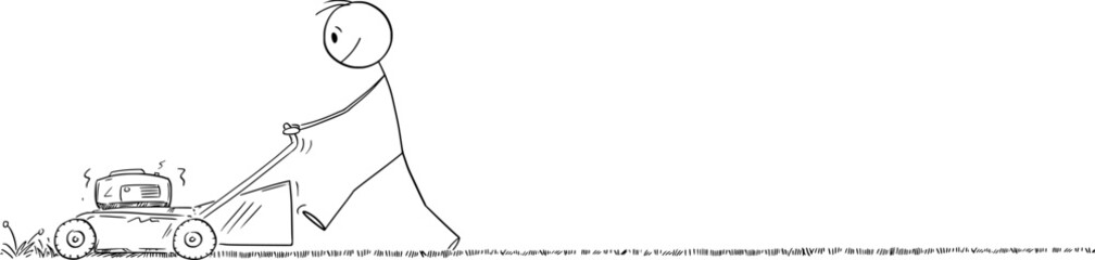 Gardener Moving or Cutting Grass With Lawn Mower, Vector Cartoon Stick Figure Illustration