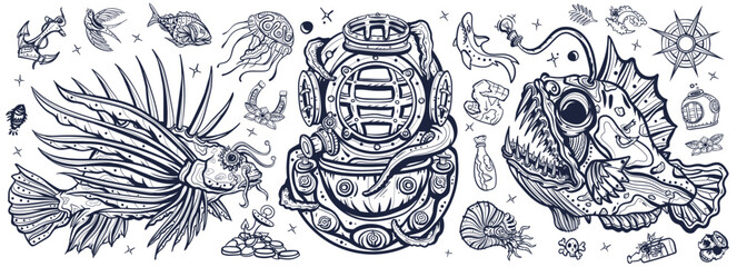 Underwater world. Scuba diver helmet, octopus kraken tentacles. Sea monsters. Angler fish, lionfish, jellyfish. Deep water. Treasures and life of ocean. Old school tattoo black and white style