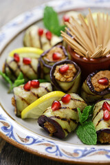 Georgian eggplant rolls with walnut paste filling, badrijani nigvzit