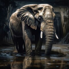 Naklejka na ściany i meble Un elefante bebiendo agua. Su reflejo se ve en el agua
