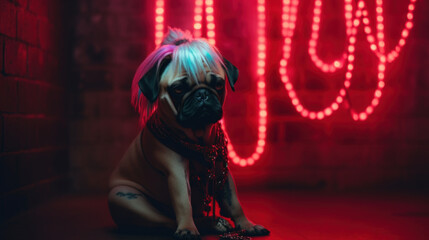 Fototapeta na wymiar Pug dog looking seriously cool sporting a colorful rainbow cyber goth hairstyle wig, alternative canine pet portrait with jewelry, red nightclub backlight - Ai generated
