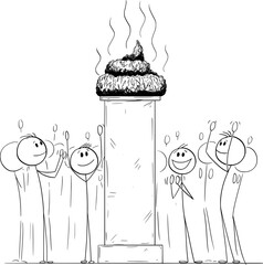 Crowd Applauding and Celebrating Turd, Crap or Shit on Pedestal, Vector Cartoon Stick Figure Illustration