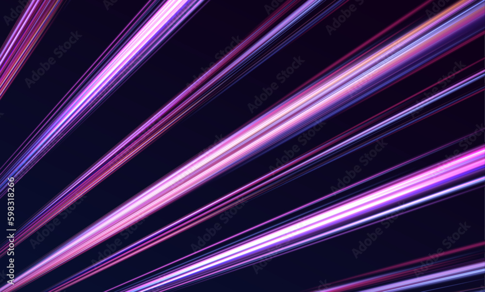 Poster neon color blurred motion on speedway. acceleration speed motion on night road. panoramic high speed