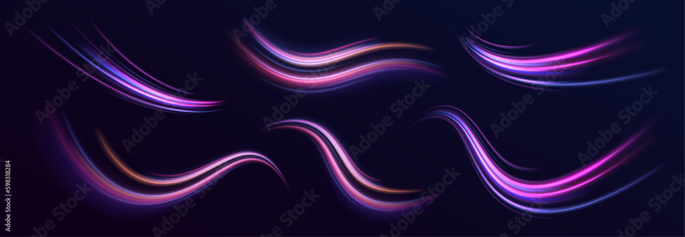 Poster neon color blurred motion on speedway. acceleration speed motion on night road. panoramic high speed
