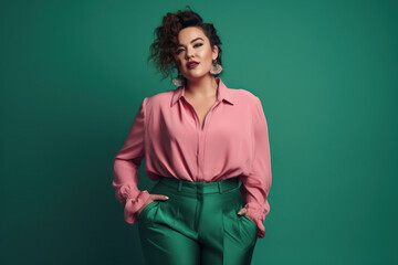 beautiful plus size woman with modern fashionable outfit in emerald and pink. generative ai - obrazy, fototapety, plakaty