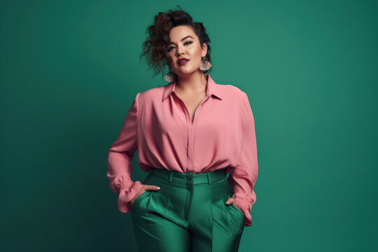 beautiful plus size woman with modern fashionable outfit in emerald and pink. generative ai