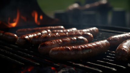 Grilling Perfection: Sizzling Sausages in the Garden. Generative AI