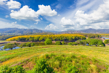 Fototapeta na wymiar The Natural scenery overlooking the beautiful mountains with blue sky of North, Thailand.