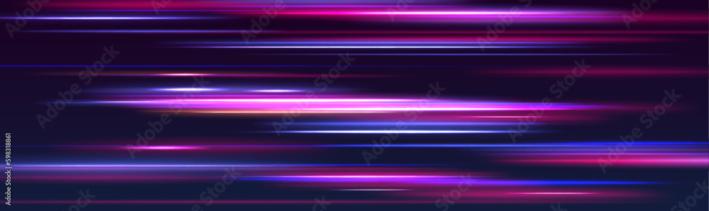 Poster neon color blurred motion on speedway. acceleration speed motion on night road. panoramic high speed