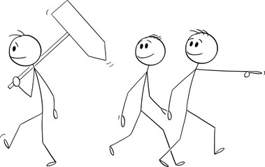 Person or Businessman Holding Arrow and Walking Opposite Direction, Vector Cartoon Stick Figure Illustration