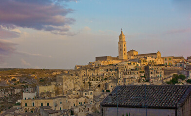 view of the ancient city of Matera in Basilicata in Italy made of rocks
