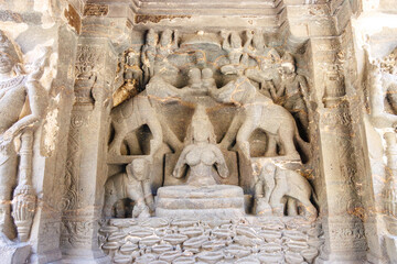 Sculpture with Hindu. Godess and elephants - the Kailasa temple, Ellora caves, Maharashtra, India,...