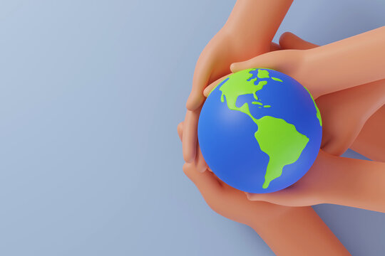 Group of Hands holding earth globe on blue background, International human solidarity day concept, world health day, safe world concept with copy space, 3D render illustration