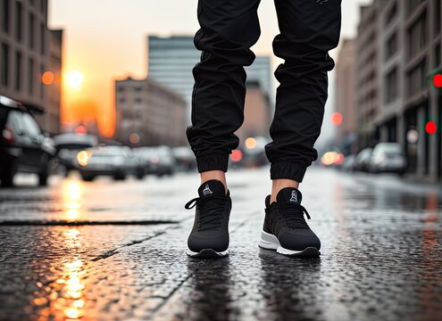 male legs in sneakers on the city street. Generative Ai