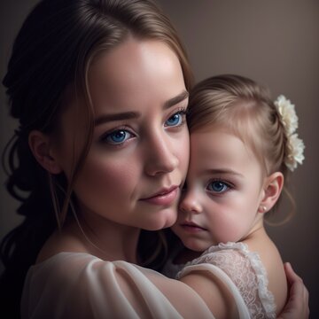 Beautiful Close-up Portrait of a Mother and her Child. Happy Mother's Day Themed Generative AI.