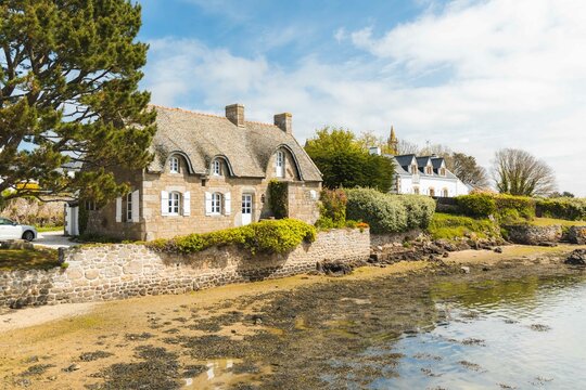 French Brittany typical view. Saint Cado island in Bretagne, France. Sunny day typical rural Breton house.