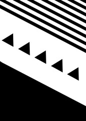 Trendy black and white art print. Monochrome design with black diagonal stripes and triangles on white background. Poster design in contemporary style. Minimalism design