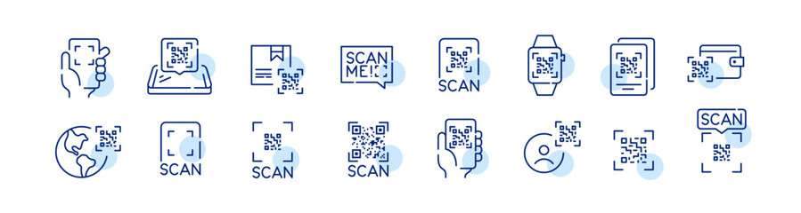 Scan qr-code with your smartphone. Quick contact payment using your camera. Pixel perfect, editable stroke icons set