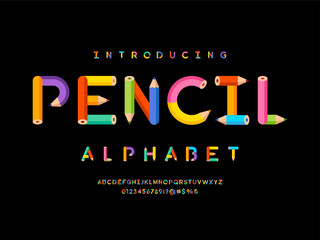 Colorful pencil style alphabet design with uppercase, numbers and symbols