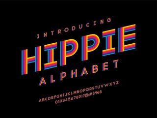 Retro colorful stylized alphabet design with uppercase, numbers and symbols