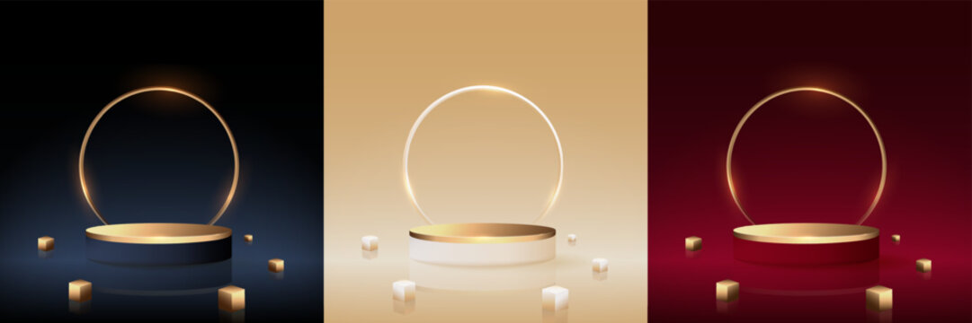 Luxury 3d set of gold podium with circle ring background or round stage with cube minimal wall scene for mockup products display showcase.