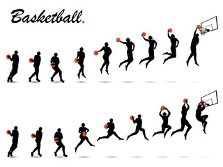 Fototapeta na wymiar Visual drawing silhouettes of basketball game from start to finish collection,run and jump to finish winning ,healthy lifestyle and sport concepts,abstract black and white vector illustration set 1/2