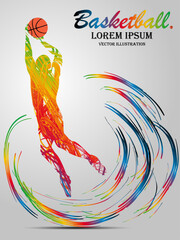 Visual drawing man playing sport basketball of side view, healthy lifestyle and sport concepts,abstract basketball game colorful vector illustration , set 2 of 5