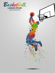 Visual drawing basketball sport and jumper at fast of speed on stadium , colorful beautiful design style on white background for vector illustration, exercise sport concept