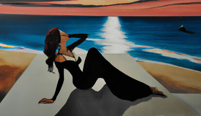 donna elegante sulla spiaggia all'alba