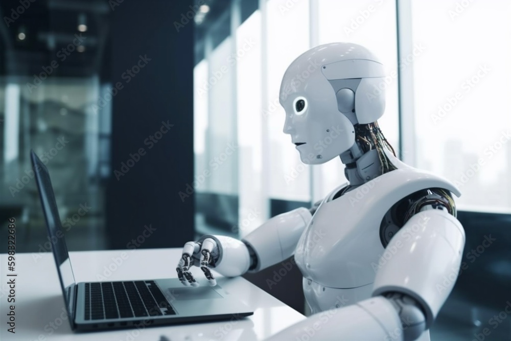 Poster ai hand document laptop robot technology artificial digital office paper. generative ai. generative 