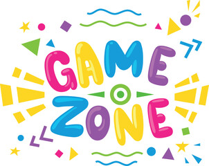 Game zone bright multicolored sign glossy air balloon confetti poster vector flat illustration