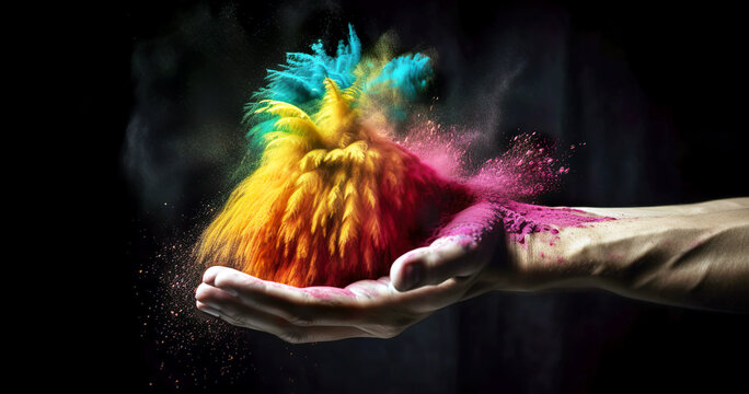 A colourful explosion of paint dust on a black background in an abstract design.The variety of colours and the beautiful texture created by the explosion.AI generated illustration.