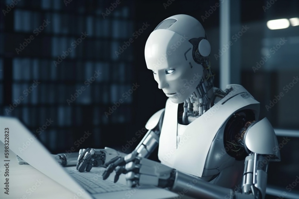 Poster office hand paper laptop digital document artificial robot ai technology. generative ai. generative 