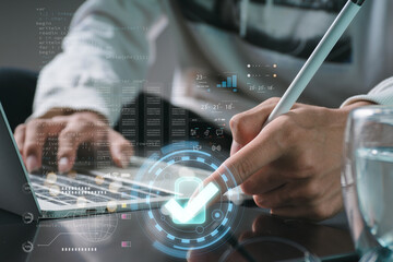 Cybersecurity data protection and privacy, businessman using laptop Internet security, user data encryption, company secrecy, and secure encryption technology.