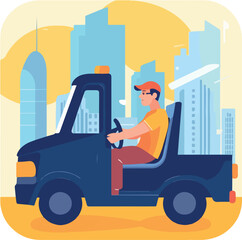 Man driving a truck, driving a car in sunny weather around the city, flat vector image, isolated background